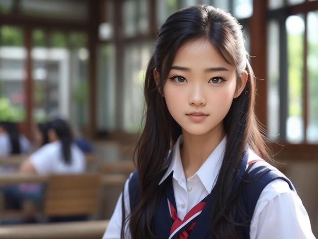 Het mooie tiener-Aziatische middelbare schoolvrouwenmodel in studentenuniform heeft een mooi gezicht