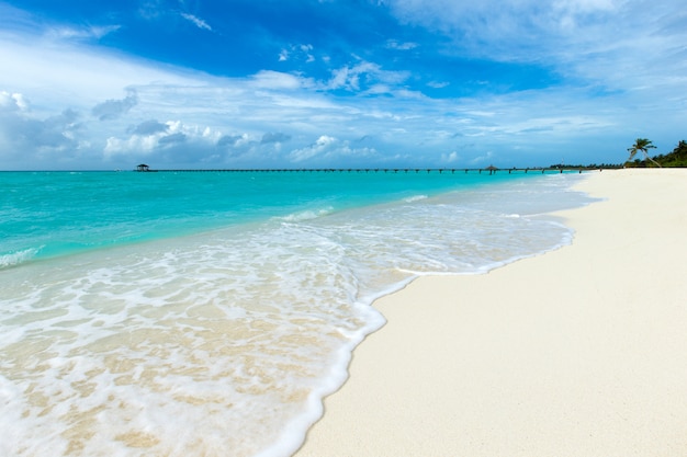 Het mooie tropische eiland van de maldiven met strand, overzees, en blauwe hemel voor de vakantieconcept van de aardvakantie