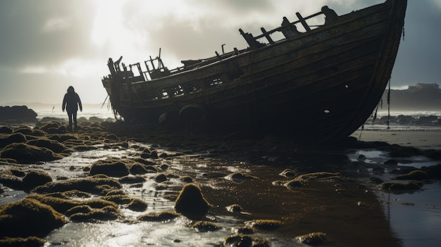 Het mystiek van een verlaten schip op een rotsachtig strand