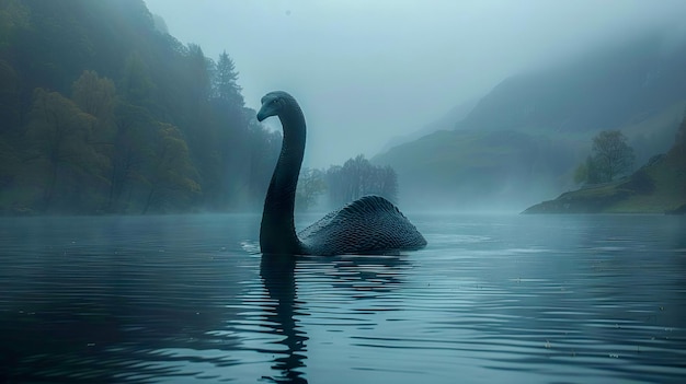 Het mystieke Loch Ness monster zwemt over het meer.