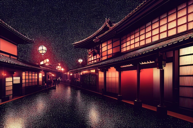 Het nachtzicht van 'Kabuki de beroemde straat in Shinjuku Tokyo digitale kunststijl illustratie schilderij