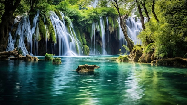 Het nationale park Plitvice Lakes in Kroatië, gecreëerd met generatieve AI-technologie.