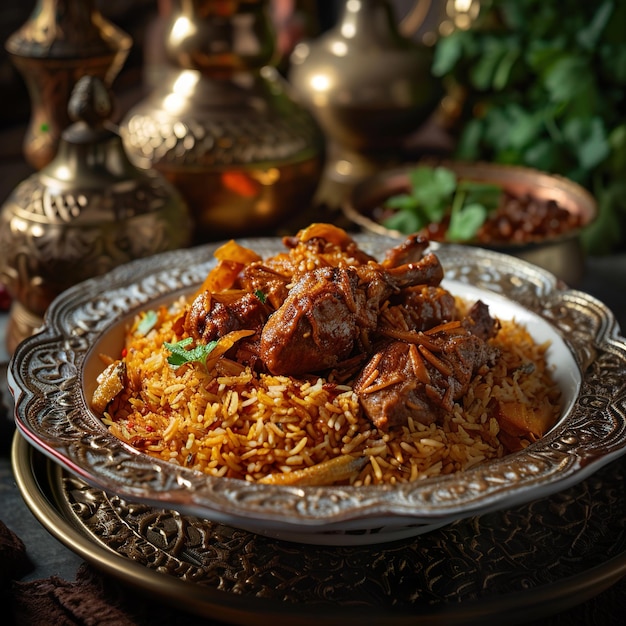 Foto het nationale saoedische gerecht vlees kabsa met rijst mandi