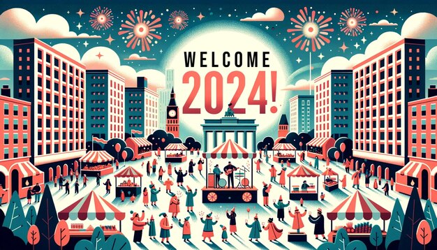 het nieuwe jaar 2024 verwelkomen in een stad met vuurwerk plat illustratie