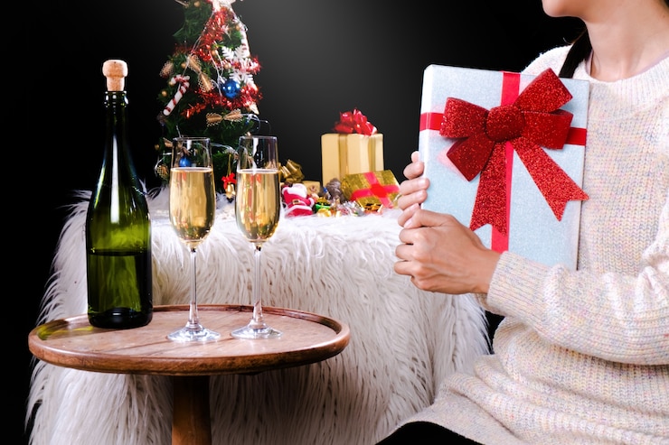 Het nieuwe jaarpartij van Kerstmis celabrating met champagne en boom