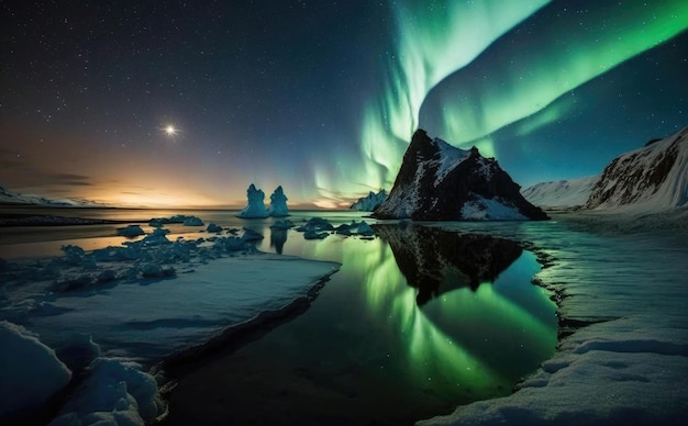 Het noorderlicht Aurora borealis op de berg Kirkjufell, IJsland