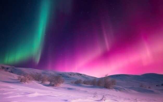 Het noorderlicht brandt paars en roze.