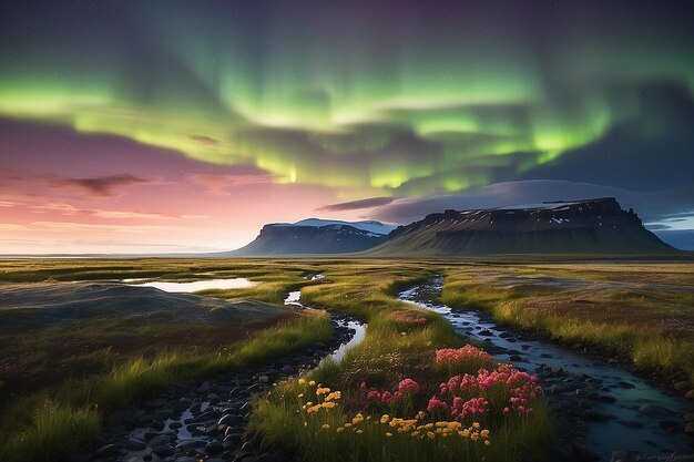 Het noordlicht over het moeraslandschap met wilde bloemen in Landmannarlaugar IJsland