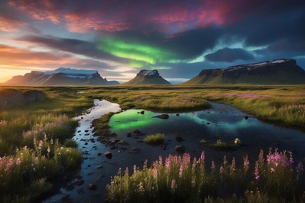 Het noordlicht over het moeraslandschap met wilde bloemen in Landmannarlaugar IJsland