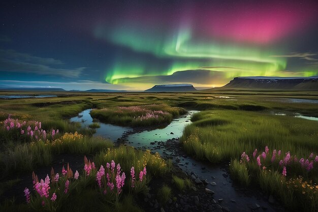 Het noordlicht over het moeraslandschap met wilde bloemen in Landmannarlaugar IJsland
