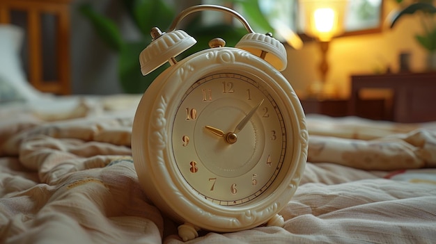 Het object is een witte plastic wekker ingesteld op 7 uur's ochtends op een nachtkastje in een slaapkamer met een gelukkige vreedzame rustige jonge vrouw die op haar bed slaapt in een wazige achtergrond.