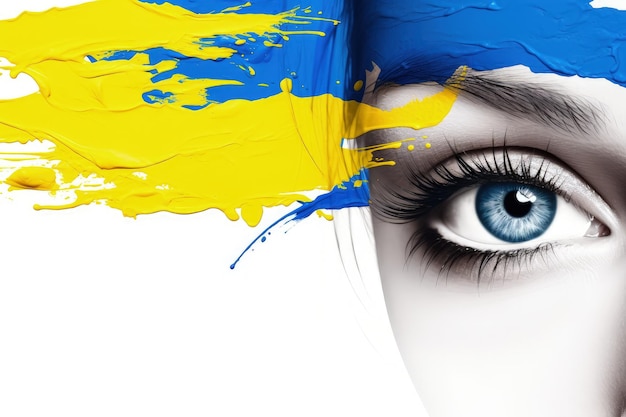 Het Oekraïense volk toont steun met geel en blauw oog op een witte achtergrond die lijkt op de Oekraïense fl