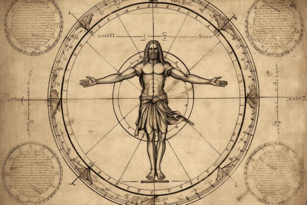 Het onthullen van perfectie tijdloze allure van de Vitruvian man Leonardo da Vinci iconische weergave van menselijke proporties symmetrie harmonieuze kruising van kunst en wetenschap in de renaissance schittering