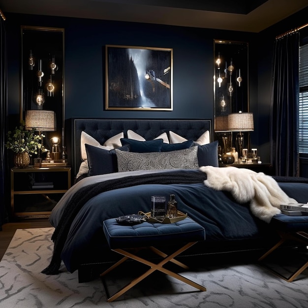 Het ontwerp van de woonkamer heeft een luxe Dark-thema