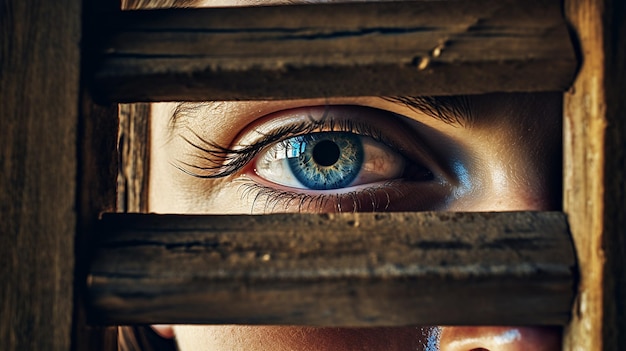 Het oog van de vrouw kijkt door een houten structuur