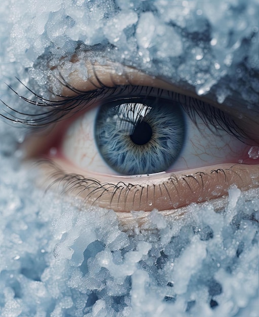 het oog van een persoon is bedekt met sneeuw en ijs in de stijl van fotorealistische fantasieën