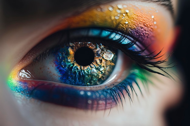 Het oog van een vrouw met een regenboogkleurig oog.