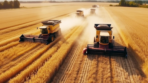 Het oogsten van tarwekorrel door maaidorsers in het veld op de boerderij in de zomer bij zonsondergang Generatieve AI