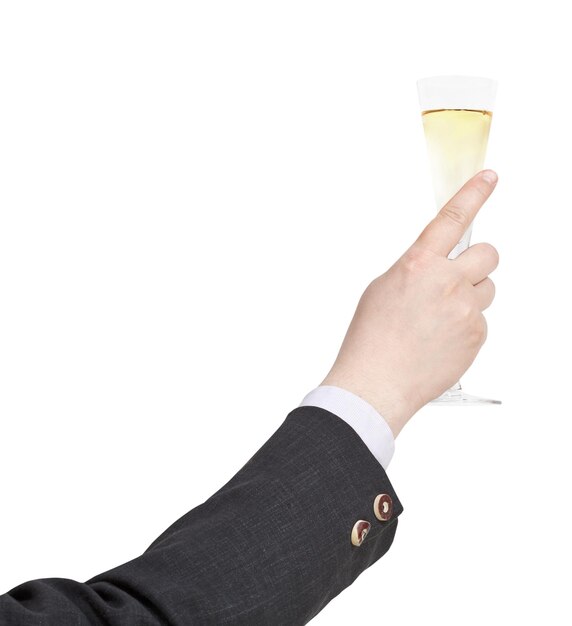 Het opheffen van champagneglas in zakenmanhand