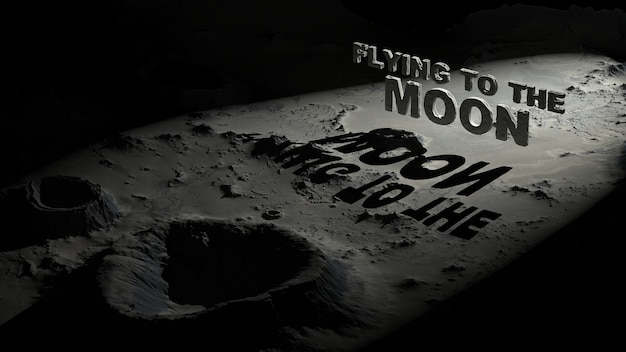 Het oppervlak van de maan met kraters met de tekst "flying to the moon"