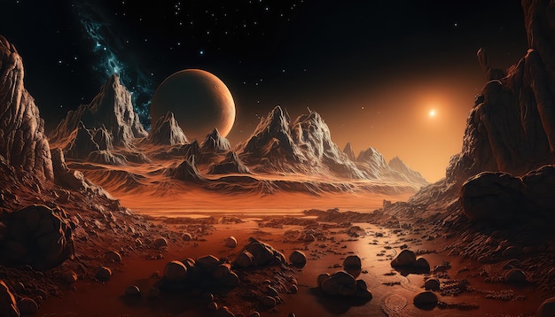 Het oppervlak van Mars Space game achtergrond met oranje aarde bergen sterren