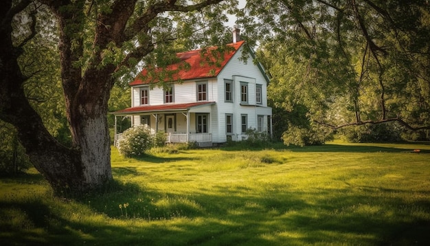 Het oude huisje in de rustige weide straalt rustieke schoonheid uit, gegenereerd door AI