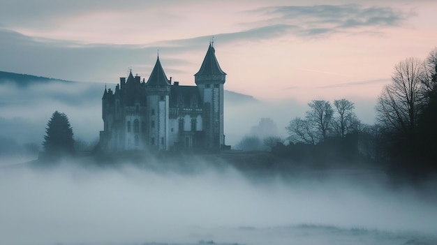 Het oude kasteel in de mist Rustige mystieke en mysterieuze sfeer Schoonheid landschap Generatieve AI