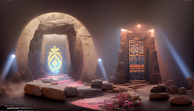 Het oude magische portaal van Egypte met scarabeesymbool en mystiek licht binnen piramide of faraograf met grote stenen en rotsachtige muren 3d illustratie