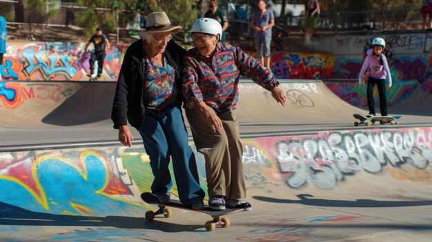 Het oudere stel speelt in skateboardpark Pragma.