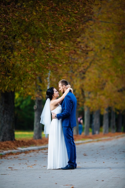 Het paar omarmen op herfst bomen