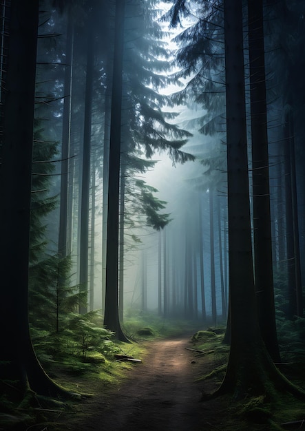 Het pad in het bos, hoge bomen, mos en nacht.