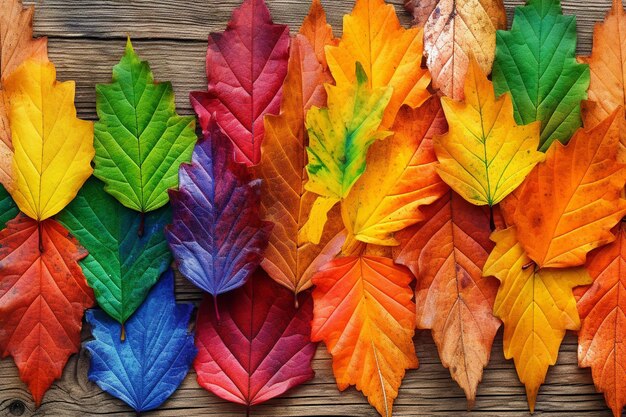 Foto het palet van de natuur kleurige herfstbladeren op hout