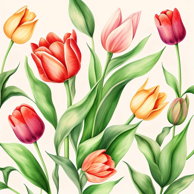 Het patroon van tulpen op een witte achtergrond in vintage stijl wordt gegenereerd door AI