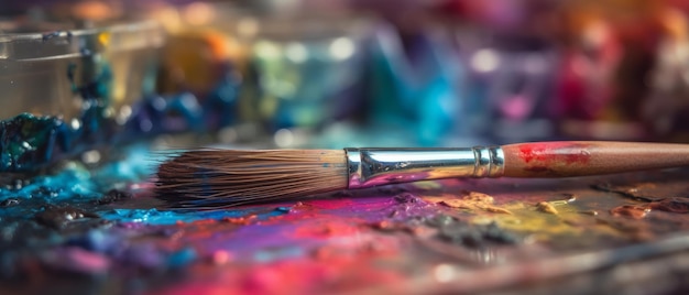 Het penseel van de kunstenaar wordt ondergedompeld in het aquarelpalet Generative AI