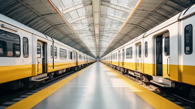 Het perron van het treinstation is rustig met meerdere geparkeerde treinen.