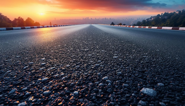 Het perspectief van de weg tegen de achtergrond van zonsondergang en het stadsbeeld