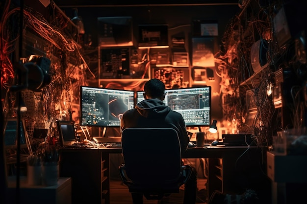Het perspectief van een hacker op een computerscherm met snel scrollende code. De hacker probeert de servers te hacken.