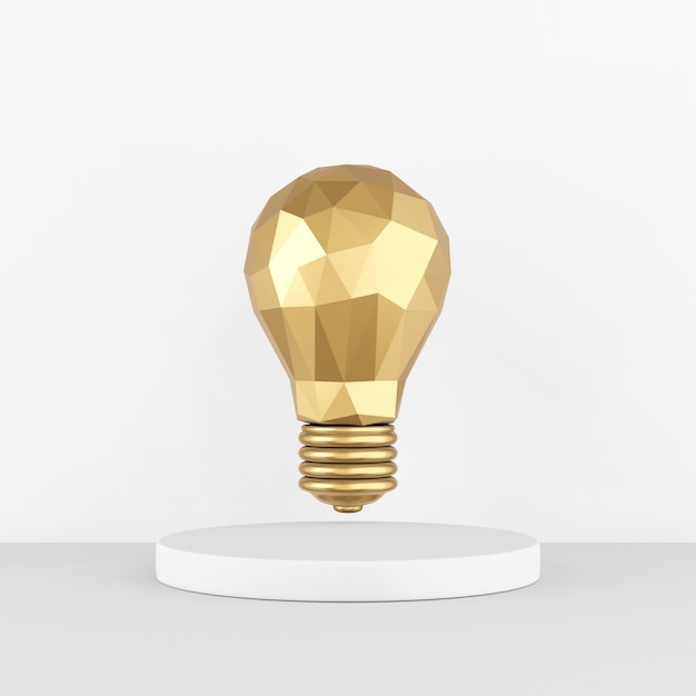 Het pictogram is een laagpolige gouden gloeilamp op een witte sokkel. 3D-weergave.