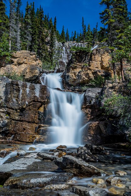 Het piekerige water van tangle creek falls in jasper national park, alberta