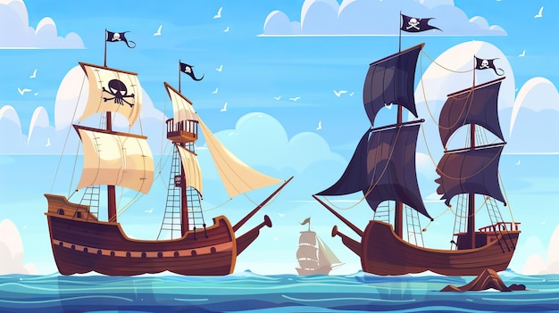 Foto het piratenschip en de galeon voor en na de zeeslag vechten zeilboten met kanonnen moderne cartoon set van houten schepen met gevouwen zeilen met zwarte vlaggen en gebroken na wrakken of aanval
