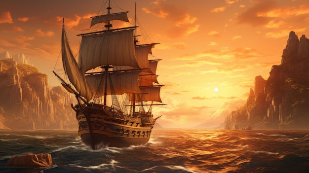 Het piratenschip vaart naar de ondergaande zon