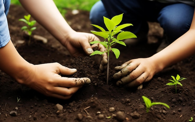 Het planten van jonge verse bomen door menselijke handen op een transparante achtergrond ai gegenereerd