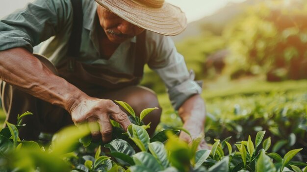 Het plukken van theeblaadjes op een theeplantage Wereld thee dag concept