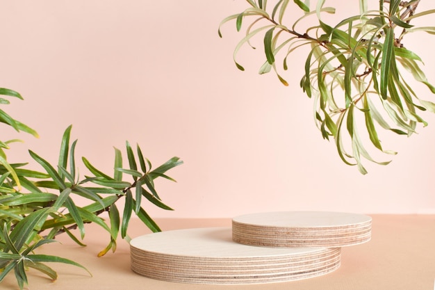 Het podium bestaat uit twee houten cilinders gemaakt van natuurlijk hout met groen blad minimalistische branding scene