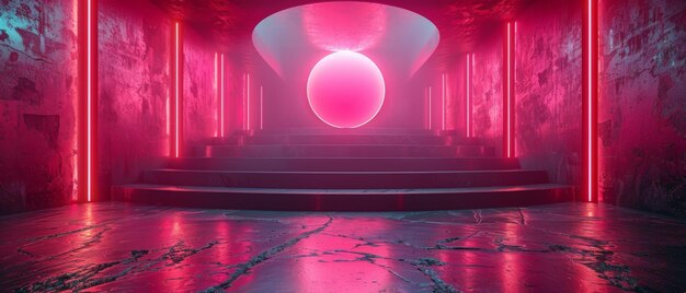 Het podium is ondergedompeld in hypnotische roze neon gloeit tegen een futuristische magenta achtergrond met een Neon Nexus cyberpunk invloed