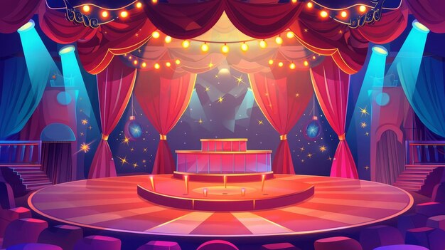 Het podium van een amusementfestival in een cartoon circus interieurontwerp heldere verlichting rode gordijnen een glinsterend gouden podium voor een entertainment show