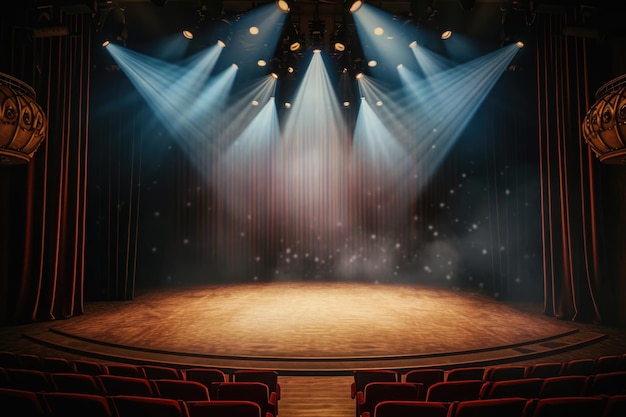 Foto het podium van het theater verlicht door schijnwerpers uit het auditorium