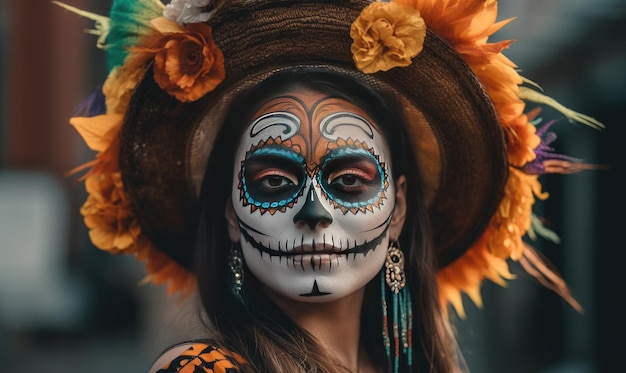Het portret van de vrouw in Mexicaanse kleding voor Dag van de Doden was een opvallende en kleurrijke weergave van de Mexicaanse cultuur. Creëren met behulp van generatieve AI-tools