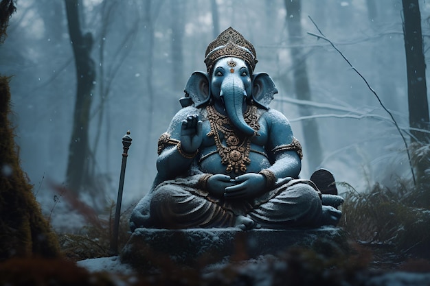 Het portret van Ganesha Ganapati in de regenwoudclose-up De God van wijsheid en welvaart met hoofdo