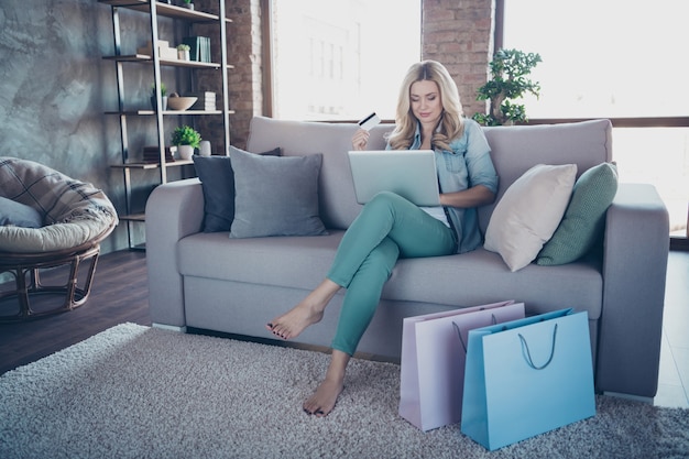 Het portret van mooie golvende-haired laptop van de damegreep zit bank